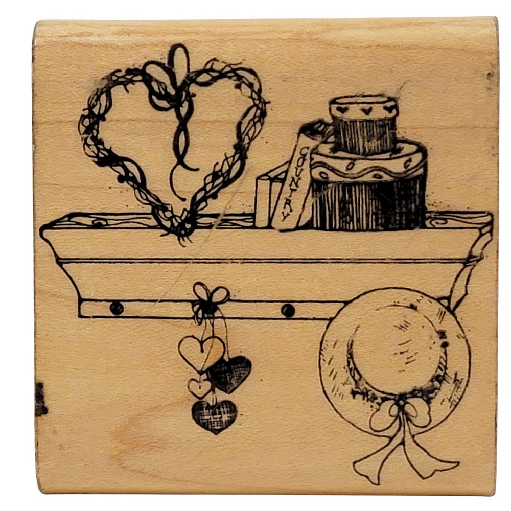 VTG 80s DOTS Country Shelf Rubber Stamp L132 1989‎ Heart Hat Wood Mounted Crafts